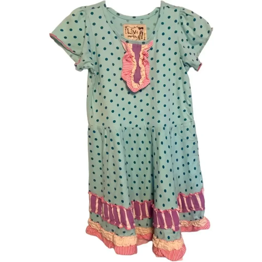 Liv & Monkey Dress Girls Size 6X  Spring knit lace trim Ruffles 6X